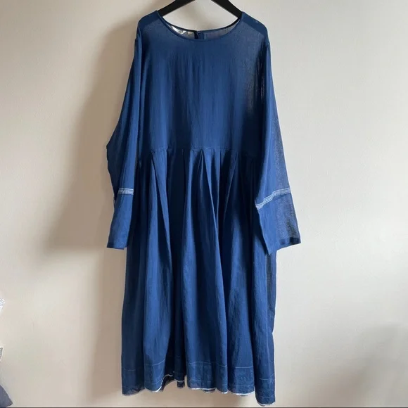 Inijiri blue cotton midi dress size 42 hand loomed indigo size fits S M L - Picture 9 of 15